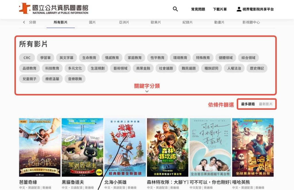 公共圖書館區域資源中心電影院的分類篩選功能