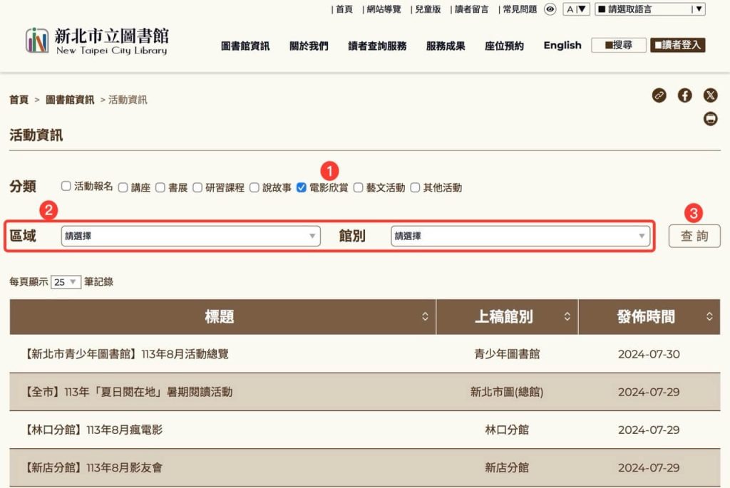 查詢新北市立圖書館的電影欣賞資訊