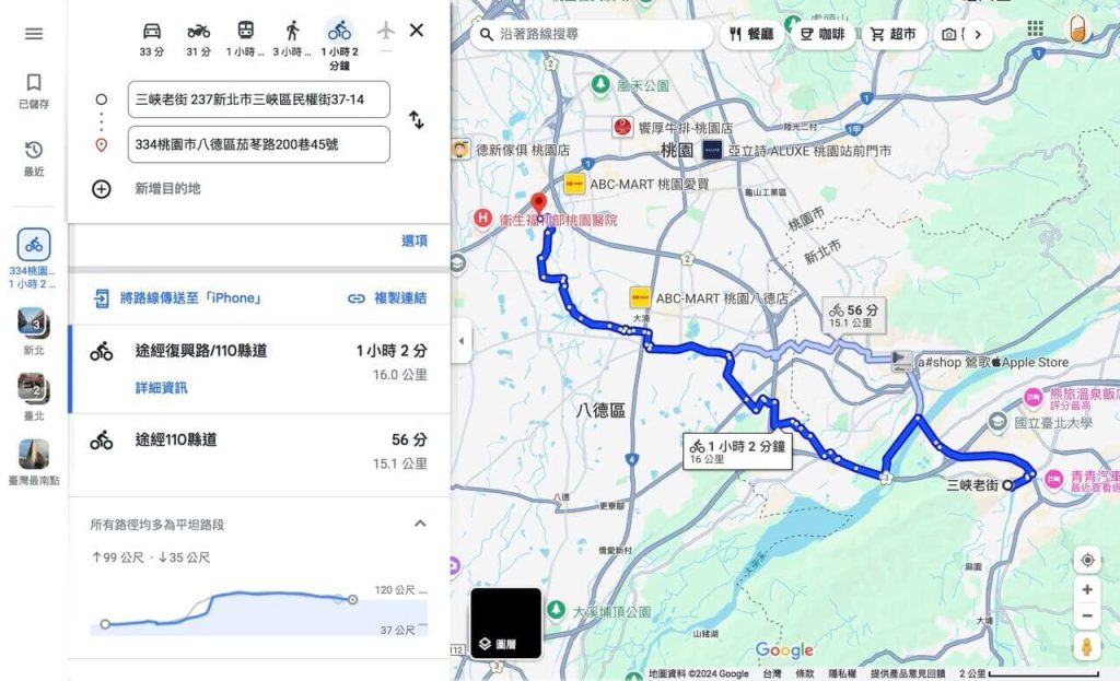 Google Maps 單車路線的坡度標示